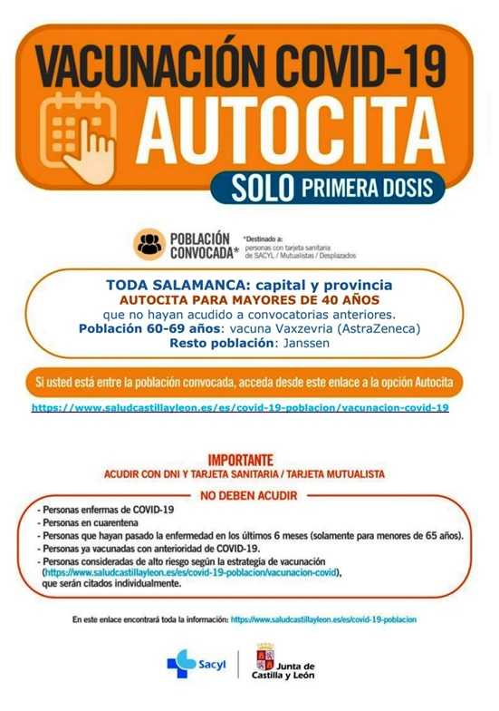 AVISO VACUNACIÓN COVID-19 – VACUNACION AUTOCITA Sólo primera dosis, mayores de 40 años